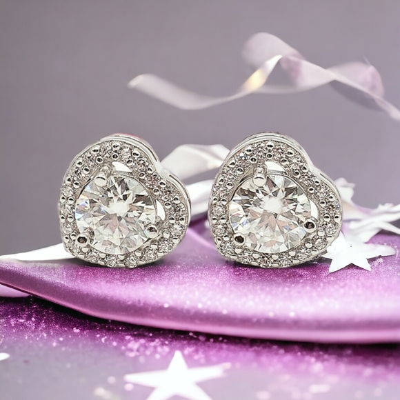 1ct Moissanite Heart Shaped Pave Stud Earrings - Picture 7 of 7